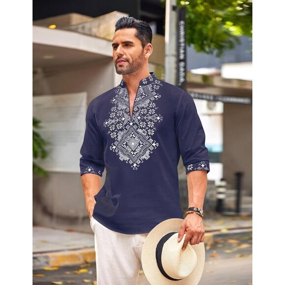Men's Blue Shirt Long Sleeve Floral Print Casual Cotton Beach Hippie  T Shirt - Picture 4 of 9